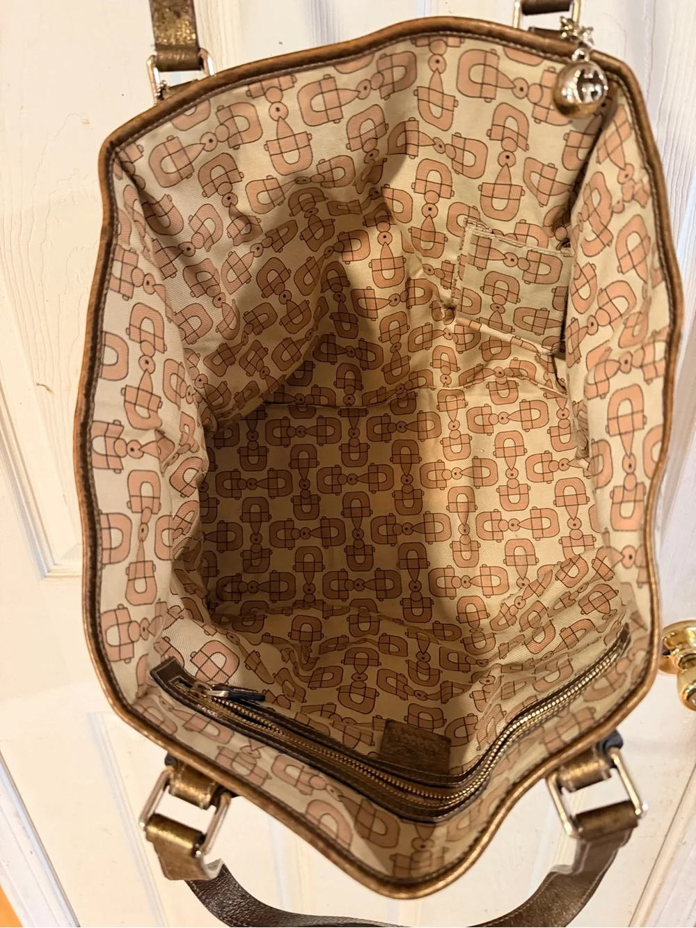 Gucci Beige Canvas Tote with Pink Stripe and Gold Handles